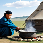 A professional Mongolian chef, fully clothed in modest traditional attire, is meticulously preparing Khorhog outdoors on the vast, windy steppe. He is tending to a large metal pot, where hot, glowing stones are cooking meat and vegetables, releasing savory steam into the cool air. A traditional ger (yurt) stands peacefully in the background under a wide-open sky, symbolizing nomadic life. The image captures an ancient cooking ritual, emphasizing the natural elements and cultural heritage. Perfect anatomy, correct proportions, natural pose, well-formed hands, proper finger count, natural body proportions. Safe for work, appropriate content, family-friendly, professional photography, high quality, professional dress.
