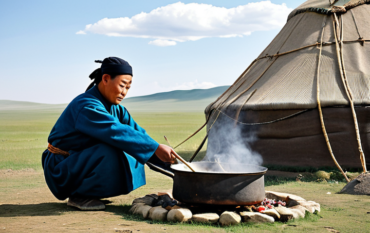 A professional Mongolian chef, fully clothed in modest traditional attire, is meticulously preparing Khorhog outdoors on the vast, windy steppe. He is tending to a large metal pot, where hot, glowing stones are cooking meat and vegetables, releasing savory steam into the cool air. A traditional ger (yurt) stands peacefully in the background under a wide-open sky, symbolizing nomadic life. The image captures an ancient cooking ritual, emphasizing the natural elements and cultural heritage. Perfect anatomy, correct proportions, natural pose, well-formed hands, proper finger count, natural body proportions. Safe for work, appropriate content, family-friendly, professional photography, high quality, professional dress.