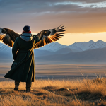 A professional nature photographer, fully clothed in modest outdoor gear, meticulously observing the vast Mongolian steppe through a high-powered telephoto lens. The scene captures a majestic golden eagle soaring gracefully against a dramatic, golden hour sky, while a steppe fox subtly moves through the tall, windswept grasses in the foreground. The expansive landscape stretches endlessly under a brilliant sunset, hinting at distant mountains. The photographer maintains a natural, respectful pose, embodying a professional and family-friendly approach to wildlife photography. perfect anatomy, correct proportions, natural pose, well-formed hands, proper finger count, natural body proportions, professional photography, cinematic lighting, high detail, safe for work, appropriate content, fully clothed, modest attire.