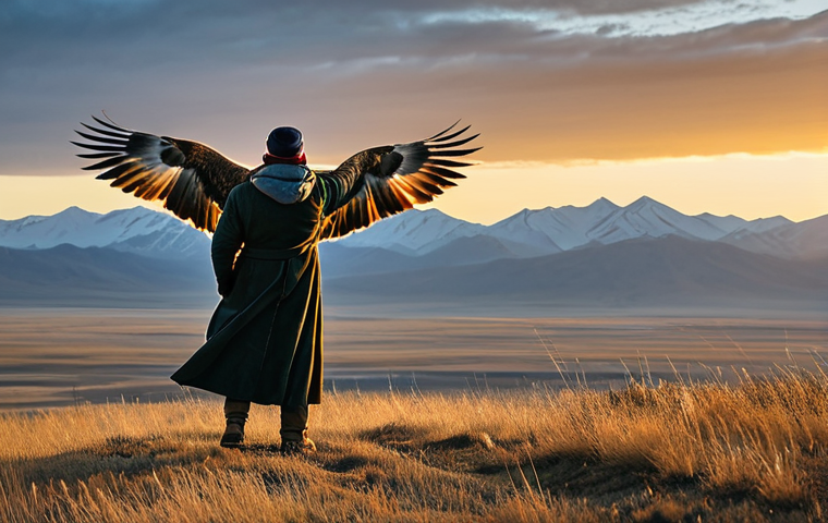 A professional nature photographer, fully clothed in modest outdoor gear, meticulously observing the vast Mongolian steppe through a high-powered telephoto lens. The scene captures a majestic golden eagle soaring gracefully against a dramatic, golden hour sky, while a steppe fox subtly moves through the tall, windswept grasses in the foreground. The expansive landscape stretches endlessly under a brilliant sunset, hinting at distant mountains. The photographer maintains a natural, respectful pose, embodying a professional and family-friendly approach to wildlife photography. perfect anatomy, correct proportions, natural pose, well-formed hands, proper finger count, natural body proportions, professional photography, cinematic lighting, high detail, safe for work, appropriate content, fully clothed, modest attire.