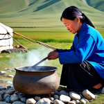 A traditional Mongolian family, fully clothed in modest, appropriate attire, gathered outdoors on the vast steppe, preparing *Khorkhog* (hot stone cooked lamb or goat). The scene features a large metal pot filled with meat and heated river stones, with steam gently rising. A traditional ger (yurt) is visible in the background under a clear sky. The family members are engaged in the cooking process, demonstrating careful and respectful handling of the food. Their expressions are natural and focused. Perfect anatomy, correct proportions, natural pose, well-formed hands, proper finger count, natural body proportions, professional photography, high quality, realistic, natural lighting, safe for work, appropriate content, fully clothed, modest clothing, family-friendly.