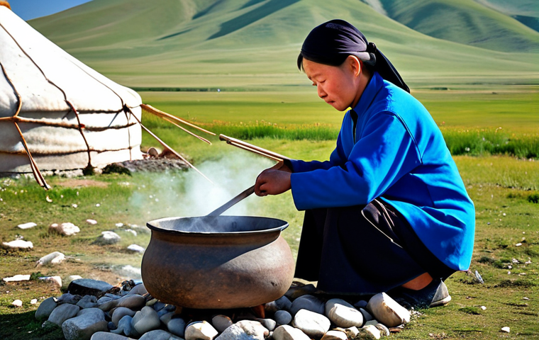 A traditional Mongolian family, fully clothed in modest, appropriate attire, gathered outdoors on the vast steppe, preparing *Khorkhog* (hot stone cooked lamb or goat). The scene features a large metal pot filled with meat and heated river stones, with steam gently rising. A traditional ger (yurt) is visible in the background under a clear sky. The family members are engaged in the cooking process, demonstrating careful and respectful handling of the food. Their expressions are natural and focused. Perfect anatomy, correct proportions, natural pose, well-formed hands, proper finger count, natural body proportions, professional photography, high quality, realistic, natural lighting, safe for work, appropriate content, fully clothed, modest clothing, family-friendly.