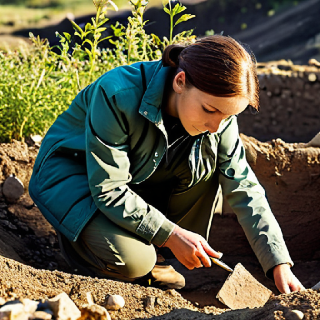 A professional female archaeologist, fully clothed in a modest, durable field jacket and trousers, carefully examining a newly unearthed ancient ceramic vase fragment at a sunlit archaeological excavation site. The site is reminiscent of the historical Anatolian plains, with subtle hints of ancient kurgan mounds in the background. She holds a small brush, her focus intense and respectful on the artifact's delicate patterns. The scene conveys the quiet excitement of discovery, perfect anatomy, correct proportions, natural pose, well-formed hands, proper finger count, natural body proportions, professional photography, high resolution, detailed, realistic, safe for work, appropriate content, fully clothed, professional dress.