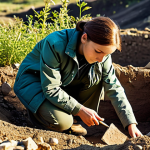 A professional female archaeologist, fully clothed in a modest, durable field jacket and trousers, carefully examining a newly unearthed ancient ceramic vase fragment at a sunlit archaeological excavation site. The site is reminiscent of the historical Anatolian plains, with subtle hints of ancient kurgan mounds in the background. She holds a small brush, her focus intense and respectful on the artifact's delicate patterns. The scene conveys the quiet excitement of discovery, perfect anatomy, correct proportions, natural pose, well-formed hands, proper finger count, natural body proportions, professional photography, high resolution, detailed, realistic, safe for work, appropriate content, fully clothed, professional dress.