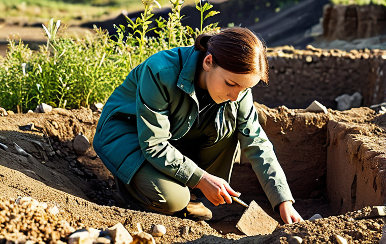 A professional female archaeologist, fully clothed in a modest, durable field jacket and trousers, carefully examining a newly unearthed ancient ceramic vase fragment at a sunlit archaeological excavation site. The site is reminiscent of the historical Anatolian plains, with subtle hints of ancient kurgan mounds in the background. She holds a small brush, her focus intense and respectful on the artifact's delicate patterns. The scene conveys the quiet excitement of discovery, perfect anatomy, correct proportions, natural pose, well-formed hands, proper finger count, natural body proportions, professional photography, high resolution, detailed, realistic, safe for work, appropriate content, fully clothed, professional dress.