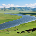**

"A vast, panoramic view of the Mongolian steppe in Hentiy Aymak, showcasing the Onon River winding through green valleys. In the background, a modest monument on Deluun Boldog mountain is visible. Nomadic herders, fully clothed in traditional Mongolian attire, tend to their animals. Safe for work, appropriate content, family-friendly, perfect anatomy, natural proportions, professional landscape photography, high quality."

**