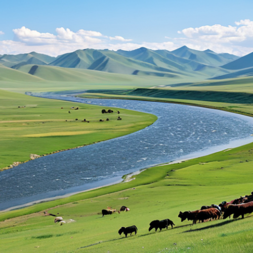 **

"A vast, panoramic view of the Mongolian steppe in Hentiy Aymak, showcasing the Onon River winding through green valleys. In the background, a modest monument on Deluun Boldog mountain is visible. Nomadic herders, fully clothed in traditional Mongolian attire, tend to their animals. Safe for work, appropriate content, family-friendly, perfect anatomy, natural proportions, professional landscape photography, high quality."

**