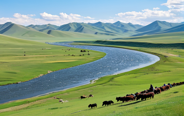 **

"A vast, panoramic view of the Mongolian steppe in Hentiy Aymak, showcasing the Onon River winding through green valleys. In the background, a modest monument on Deluun Boldog mountain is visible. Nomadic herders, fully clothed in traditional Mongolian attire, tend to their animals. Safe for work, appropriate content, family-friendly, perfect anatomy, natural proportions, professional landscape photography, high quality."

**