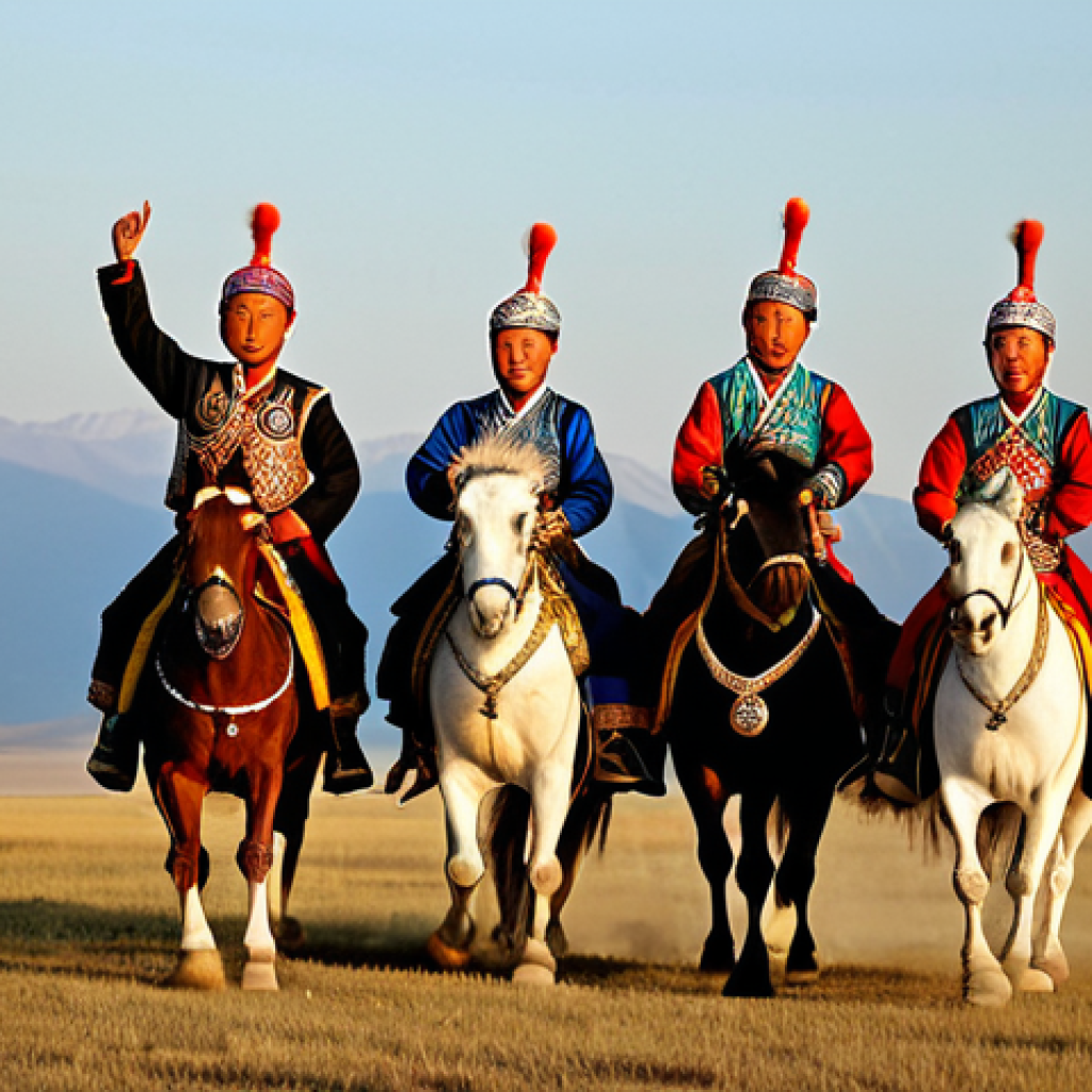 **

A group of Mongolian dancers in traditional, elaborately decorated costumes, performing a "Biyelgee" dance (horse-riding imitation) on a vast, golden steppe at sunset. Fully clothed in modest, culturally appropriate attire. Safe for work, appropriate content, family-friendly. Perfect anatomy, correct proportions, natural pose, well-formed hands, proper finger count, professional photography, high quality, natural body proportions.

**