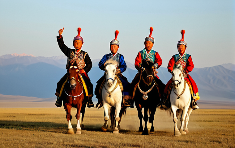**

A group of Mongolian dancers in traditional, elaborately decorated costumes, performing a "Biyelgee" dance (horse-riding imitation) on a vast, golden steppe at sunset. Fully clothed in modest, culturally appropriate attire. Safe for work, appropriate content, family-friendly. Perfect anatomy, correct proportions, natural pose, well-formed hands, proper finger count, professional photography, high quality, natural body proportions.

**