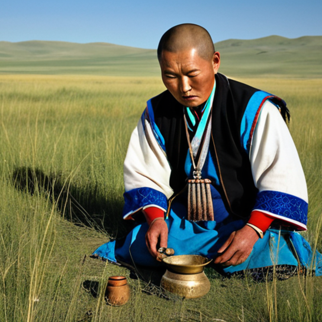 Shaman Ritual in the Mongolian Steppe**

"A Mongolian shaman, fully clothed in traditional attire, performing a healing ritual in a vast, grassy steppe landscape, safe for work, appropriate content, perfect anatomy, natural proportions, family-friendly, modest clothing, professional photography, high quality, dramatic lighting, ancient spiritual practice."

**