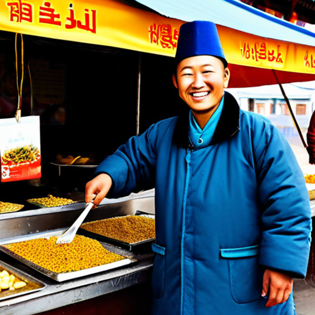 Huushuur Vendor**

"A bustling street food scene in Ulaanbaatar, featuring a friendly vendor selling Huushuur from a small stall. The vendor is fully clothed in traditional Mongolian attire, smiling and handing a freshly made Huushuur to a customer. The Huushuur is golden brown and crispy. Background includes other food stalls and local people in modest clothing. Safe for work, appropriate content, professional photograph, perfect anatomy, natural proportions, high resolution."

**