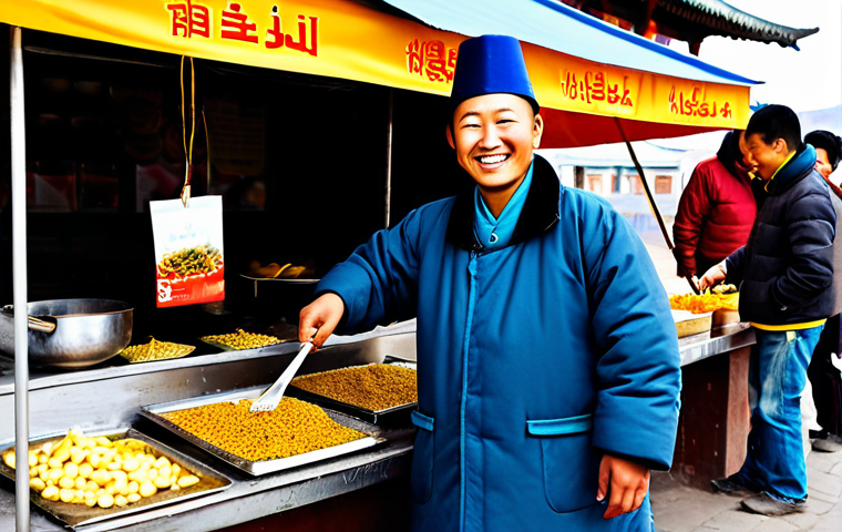 Huushuur Vendor**

"A bustling street food scene in Ulaanbaatar, featuring a friendly vendor selling Huushuur from a small stall. The vendor is fully clothed in traditional Mongolian attire, smiling and handing a freshly made Huushuur to a customer. The Huushuur is golden brown and crispy. Background includes other food stalls and local people in modest clothing. Safe for work, appropriate content, professional photograph, perfect anatomy, natural proportions, high resolution."

**