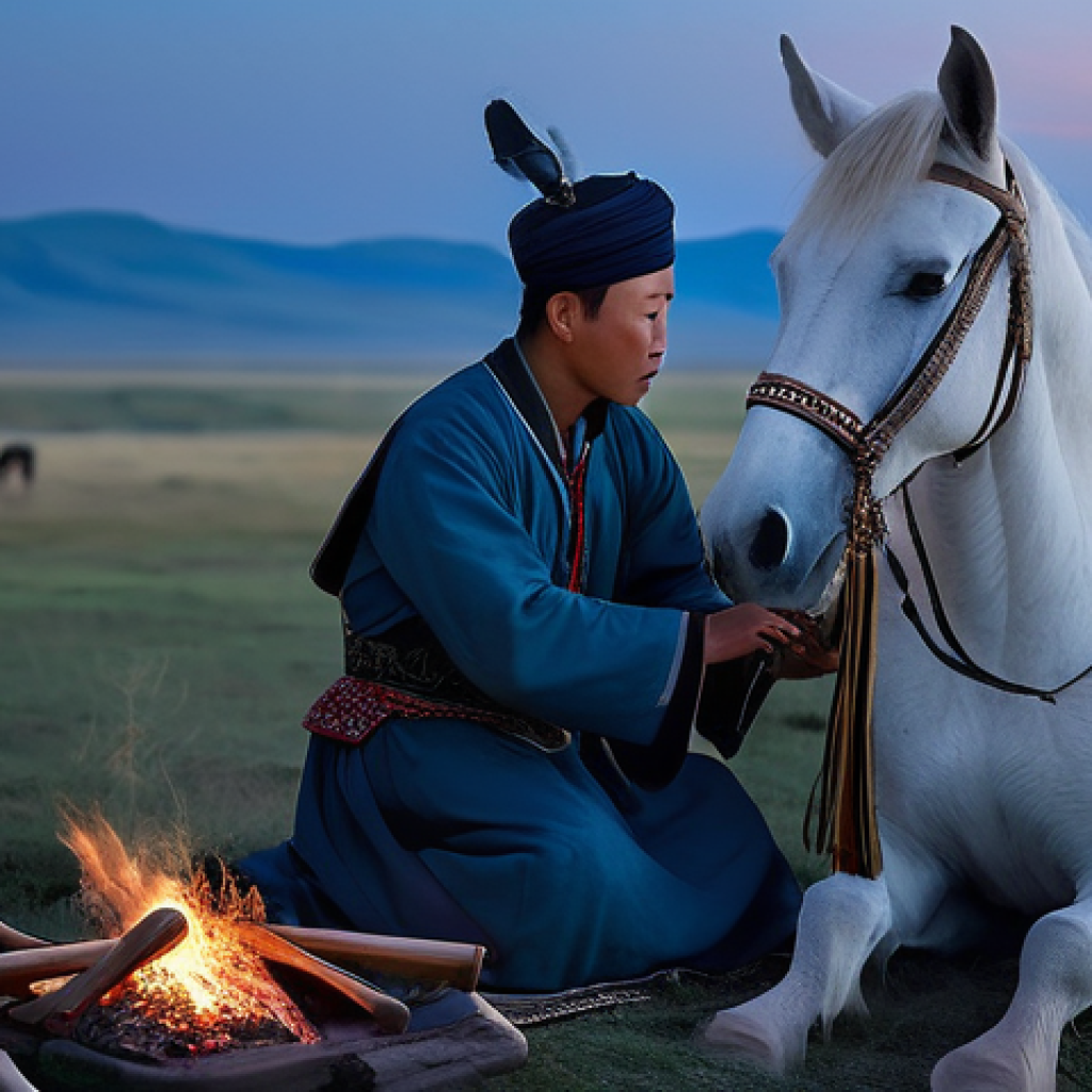 몽골 전통 악기 마린후르 - **Prompt:** A poignant scene depicting the legendary origin of the Morin Khuur. A young Mongolian sh...