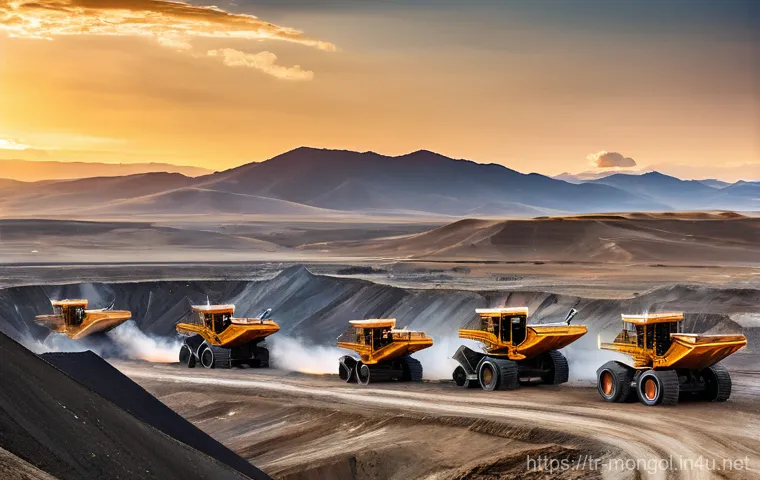 몽골의 주요 경제 활동 - **A panoramic and detailed scene depicting modern large-scale mining operations in the vast, rugged ...