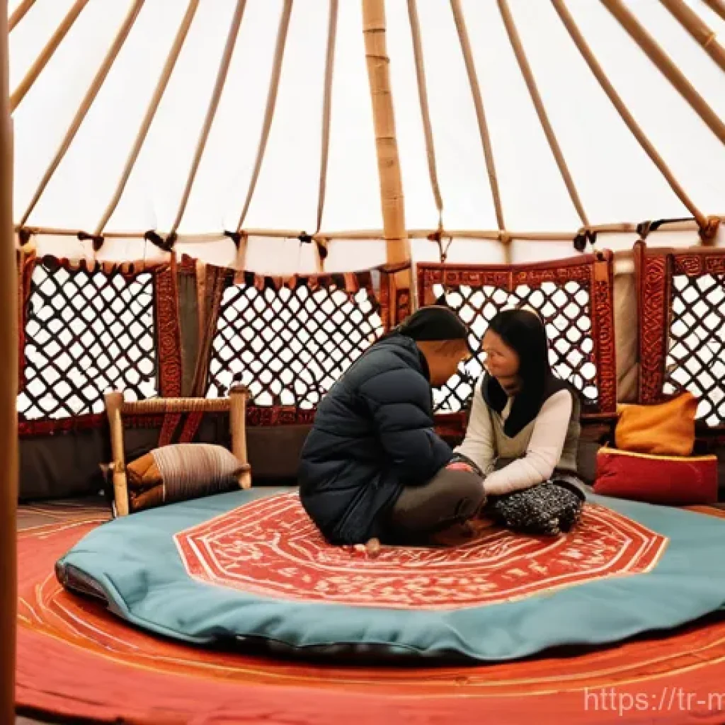몽골 전통 건축 양식 - **Prompt:** A cozy and inviting interior of a traditional Mongolian ger (yurt) during the daytime. S...