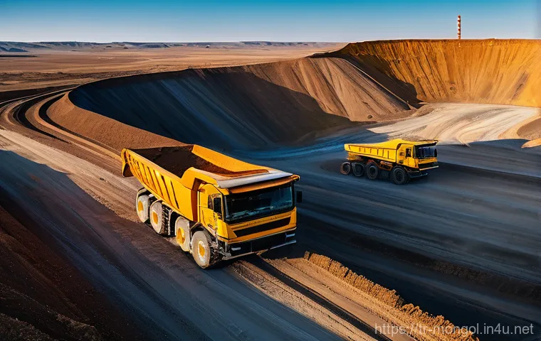 몽골 자원 개발 산업 - **Prompt 1: Modern Mining Horizon**
    A wide-angle, epic shot showcasing a vast, modern open-pit c...