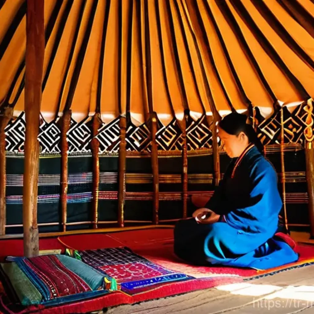 몽골 게르 문화 - **Prompt:** A cozy and warm interior of a traditional Mongolian Ger (yurt) during the early morning....