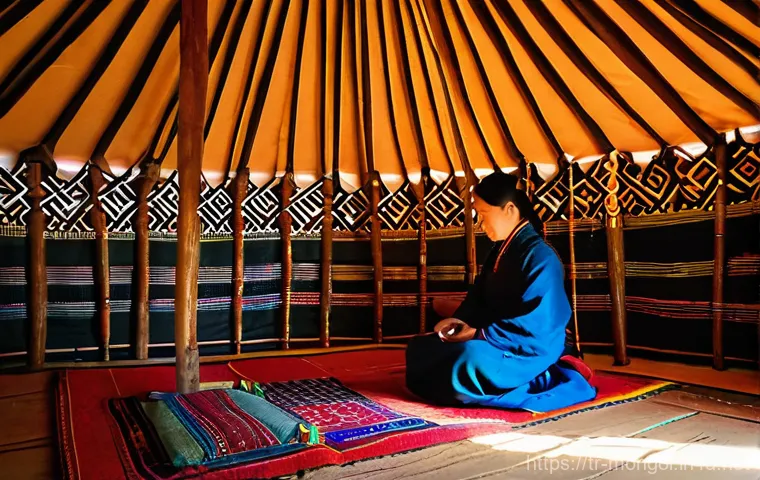 몽골 게르 문화 - **Prompt:** A cozy and warm interior of a traditional Mongolian Ger (yurt) during the early morning....