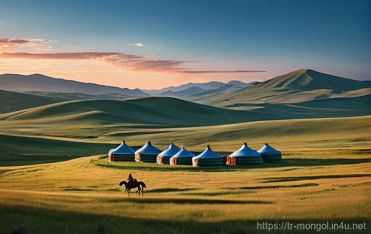몽골 게르 문화 - **Prompt:** A cozy and warm interior of a traditional Mongolian Ger (yurt) during the early morning....