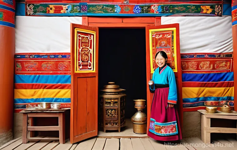 몽골 게르 문화 - **Prompt:** A breathtaking panoramic view of a traditional Mongolian Ger camp nestled in the vast, g...