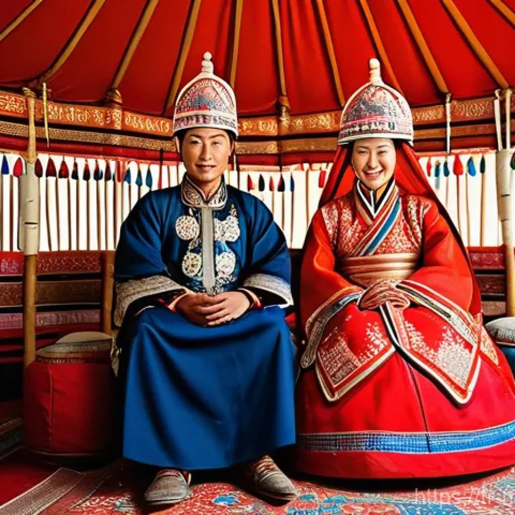 몽골 전통 결혼식 - **Prompt: Traditional Mongolian Wedding Couple in a Ger**
    "A Mongolian bride and groom, beaming ...