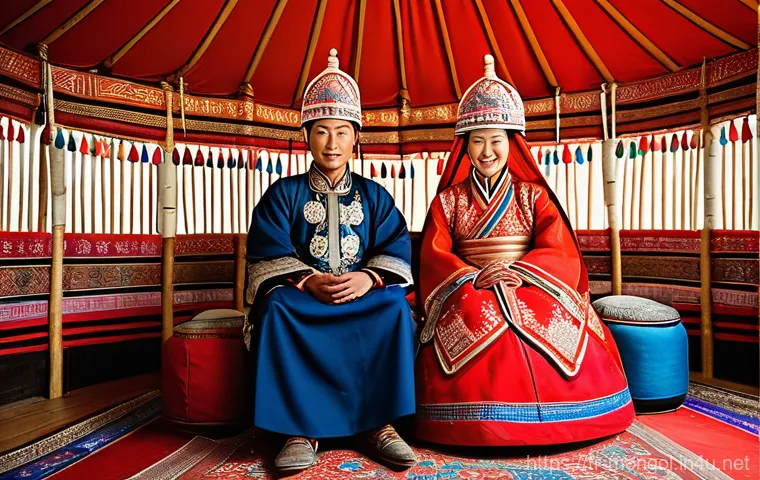 몽골 전통 결혼식 - **Prompt: Traditional Mongolian Wedding Couple in a Ger**
    "A Mongolian bride and groom, beaming ...