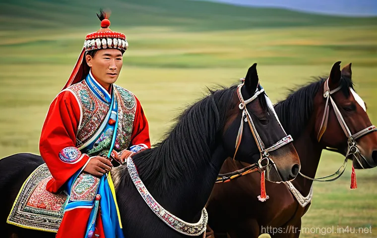 몽골 전통 결혼식 - **Prompt: Traditional Mongolian Wedding Couple in a Ger**
    "A Mongolian bride and groom, beaming ...