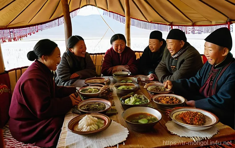 몽골 음식 레시피 - **Steaming Buuz Feast in a Traditional Yurt:**
    A warm and inviting interior shot of a traditiona...