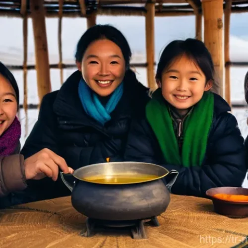 몽골 전통 차의 종류 - **Prompt:** A cozy and warm scene inside a traditional Mongolian ger (yurt). A family, dressed in tr...
