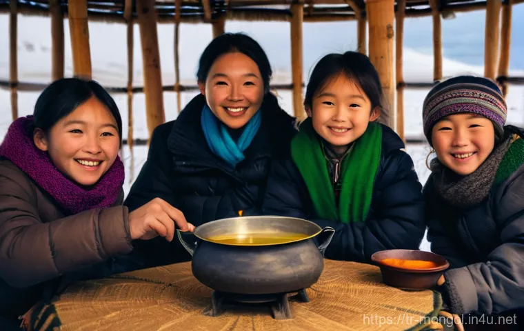 몽골 전통 차의 종류 - **Prompt:** A cozy and warm scene inside a traditional Mongolian ger (yurt). A family, dressed in tr...