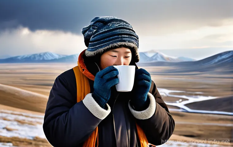 몽골 전통 차의 종류 - **Prompt:** A bustling, modern urban street scene in Ulaanbaatar on a crisp winter day. People of va...