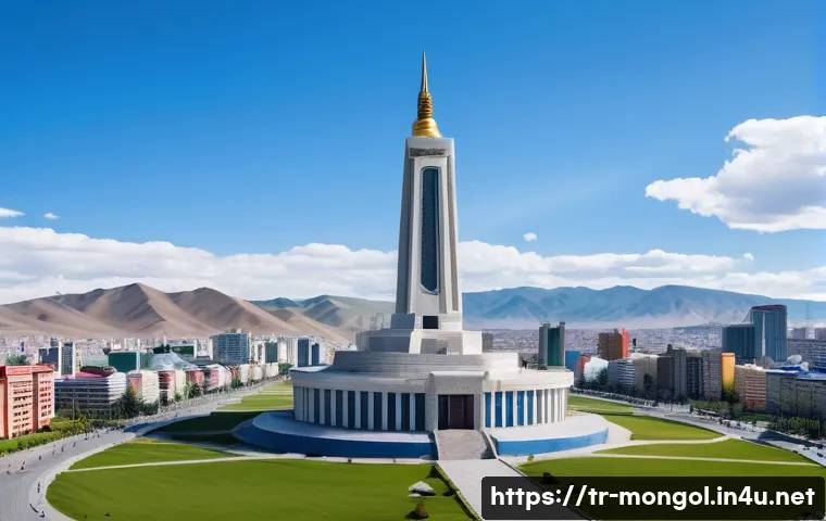 몽골의 독립 기념관 - **Prompt:** A majestic, wide-angle shot of the Mongolian Independence Monument standing proudly in U...