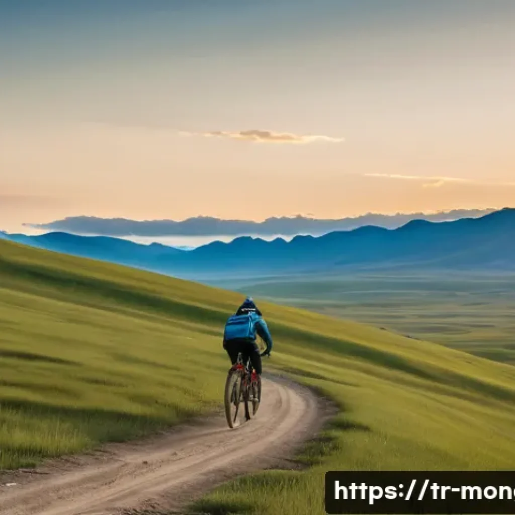 몽골에서 자전거 여행하기 - **Prompt:** A lone cyclist, wearing durable and modest cycling apparel including a helmet, jersey, s...
