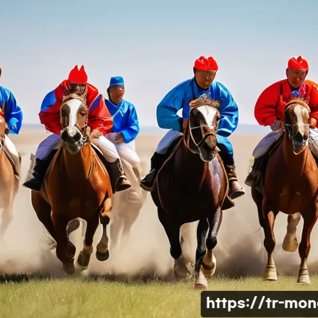 몽골 나담 축제 - A vibrant scene of the Naadam Festival horse race on the vast Mongolian steppe under a bright blue s...