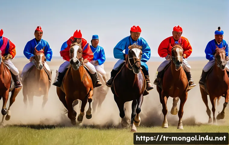 몽골 나담 축제 - A vibrant scene of the Naadam Festival horse race on the vast Mongolian steppe under a bright blue s...