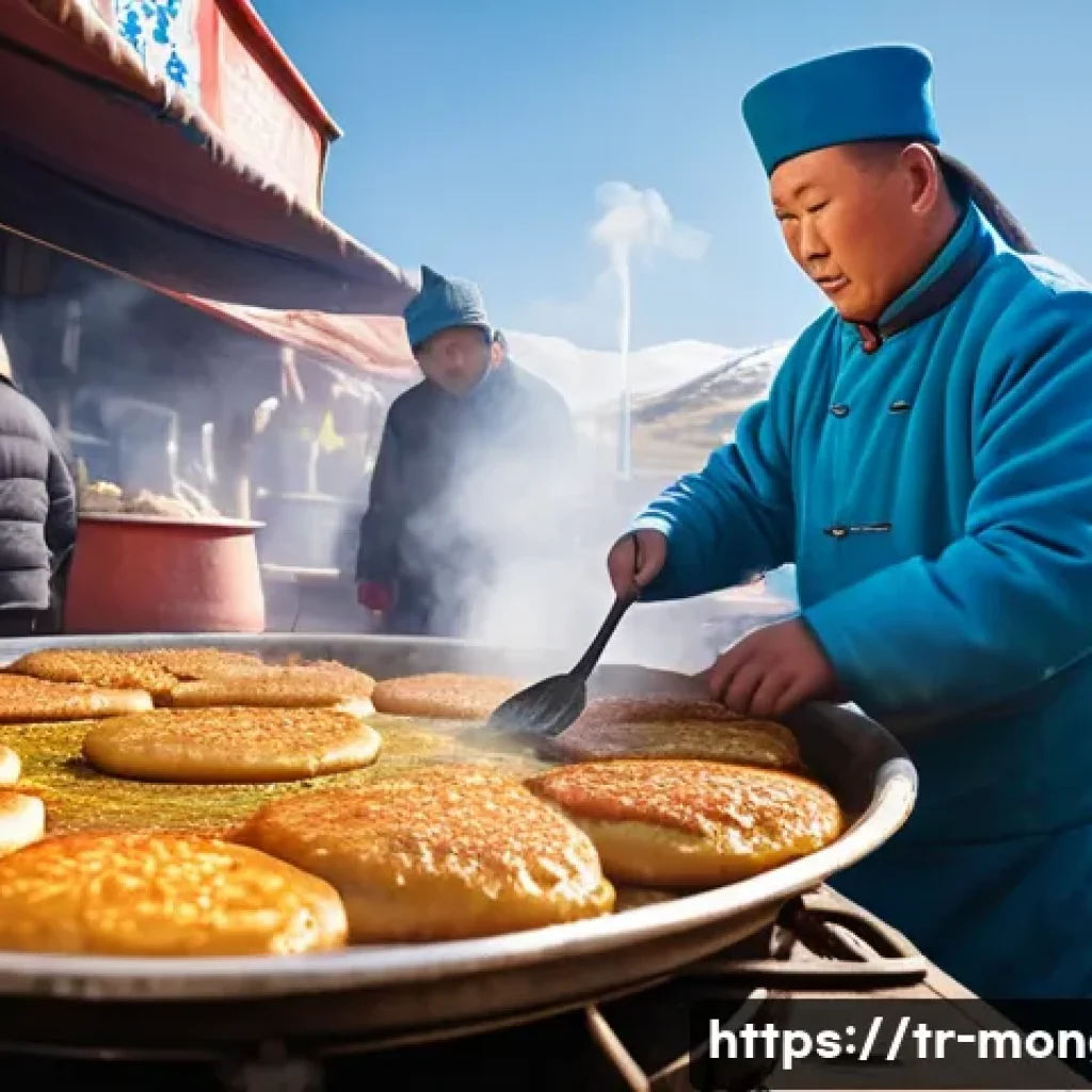몽골 현지 음식을 배우는 체험 - A vibrant street food scene in Ulaanbaatar, featuring a Mongolian vendor frying Khuushuur in a large...
