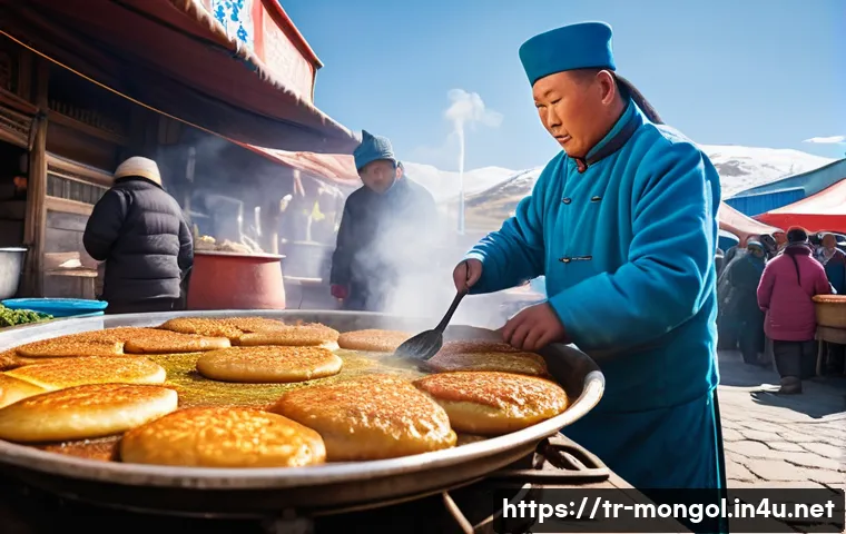 몽골 현지 음식을 배우는 체험 - A vibrant street food scene in Ulaanbaatar, featuring a Mongolian vendor frying Khuushuur in a large...