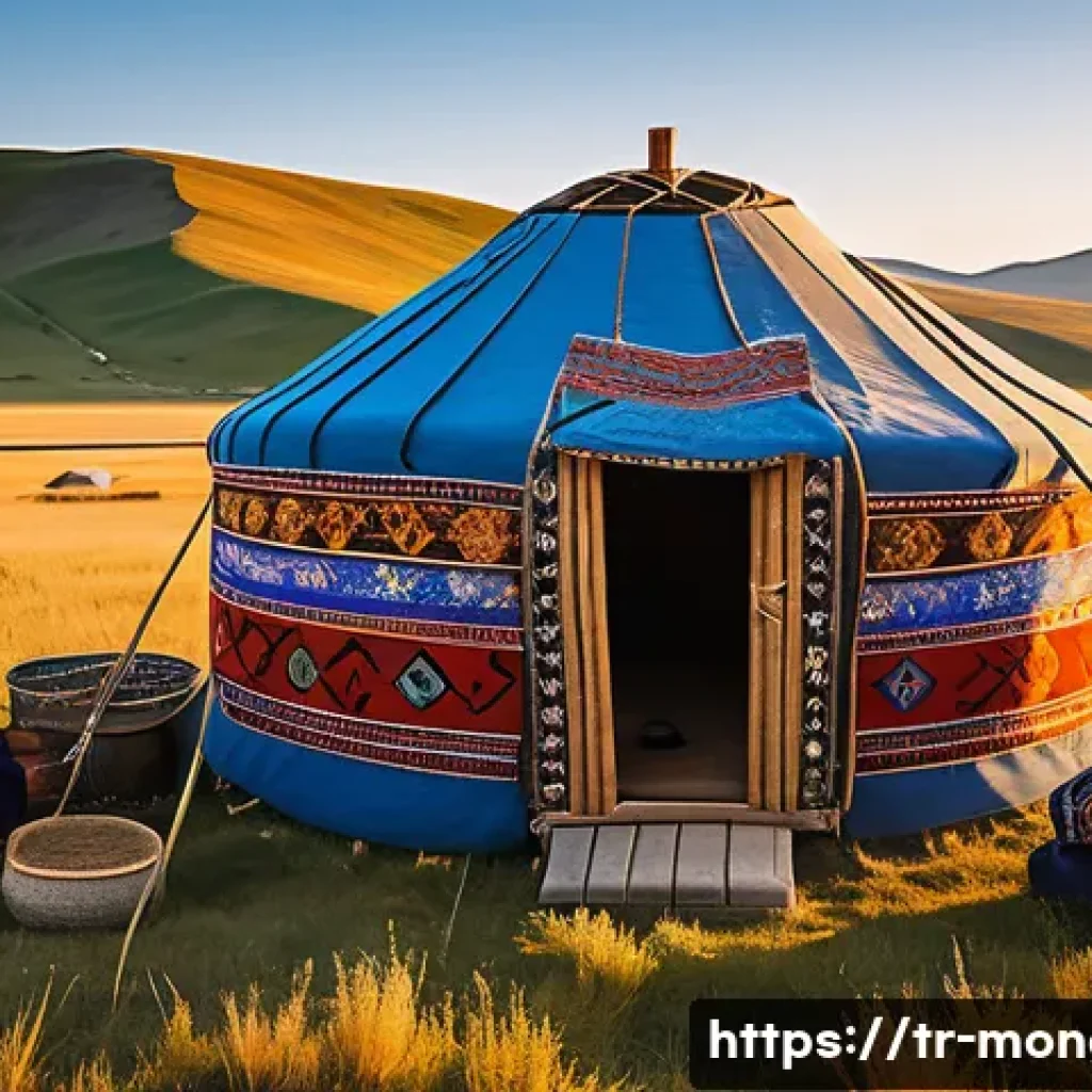 몽골의 독특한 풍습 - A vibrant scene of a Mongolian nomadic family setting up a traditional ger (yurt) on the expansive s...