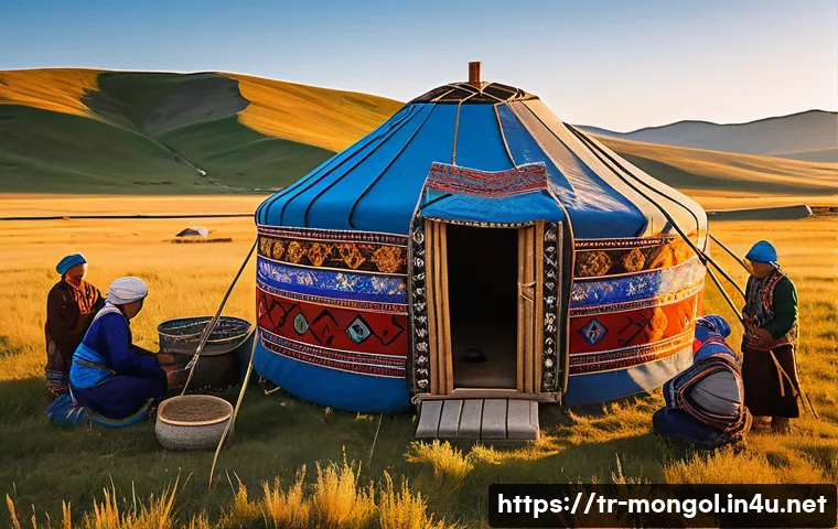 몽골의 독특한 풍습 - A vibrant scene of a Mongolian nomadic family setting up a traditional ger (yurt) on the expansive s...