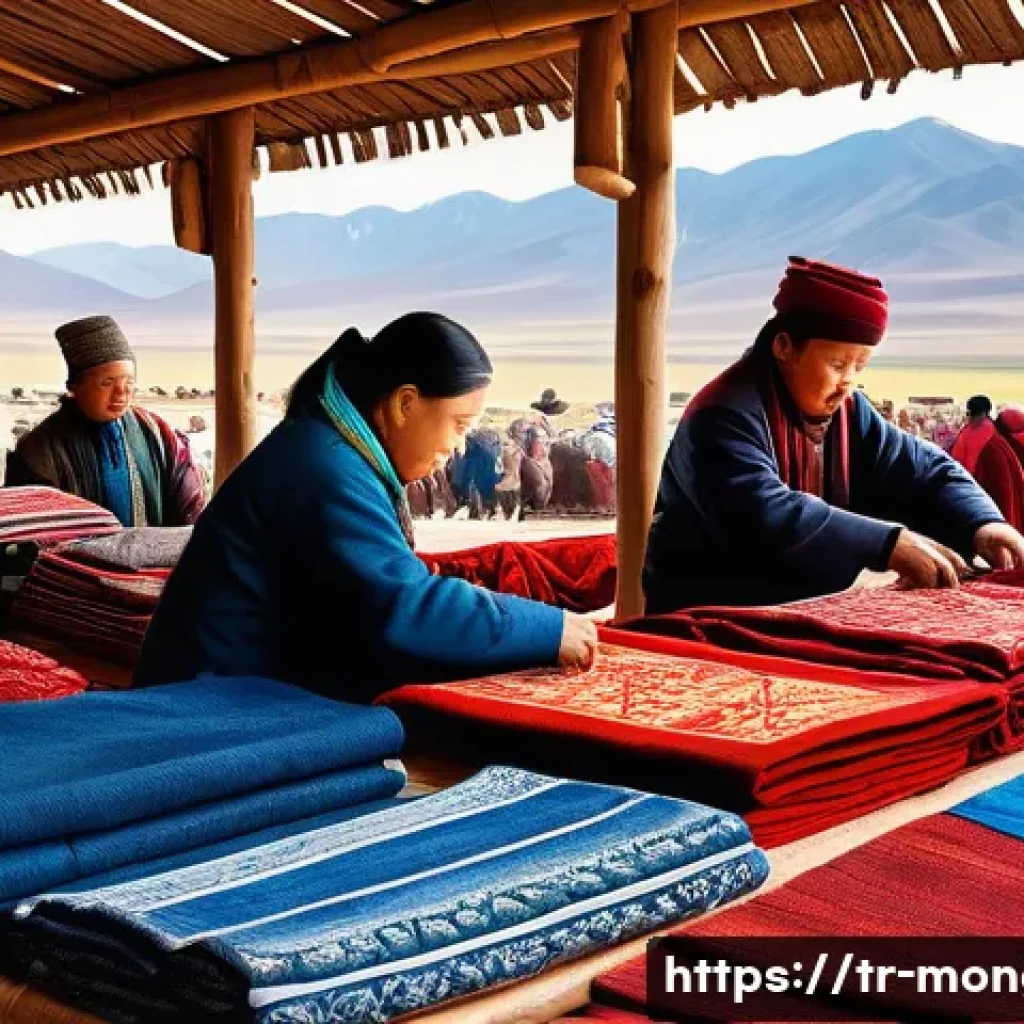 몽골 중앙 시장 쇼핑 - A bustling Mongolian traditional market scene focused on a vibrant textile stall showcasing handwove...