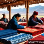 Home 22 몽골 중앙 시장 쇼핑 - A bustling Mongolian traditional market scene focused on a vibrant textile stall showcasing handwove...