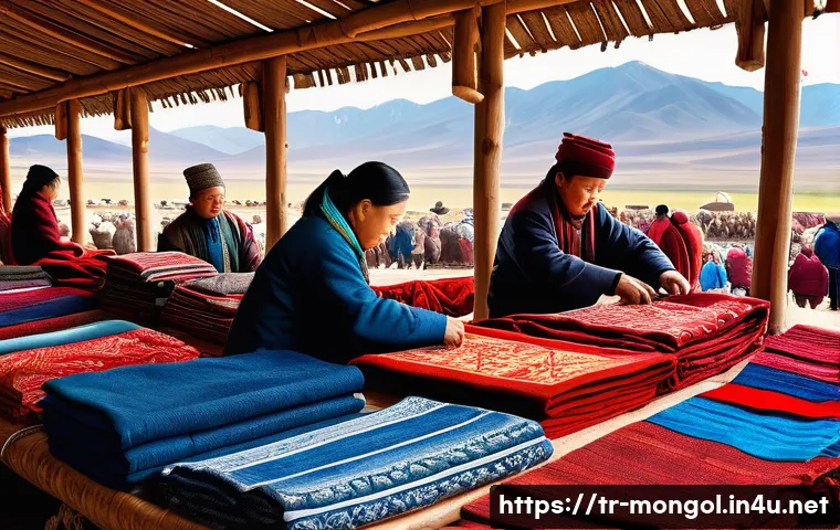 몽골 중앙 시장 쇼핑 - A bustling Mongolian traditional market scene focused on a vibrant textile stall showcasing handwove...