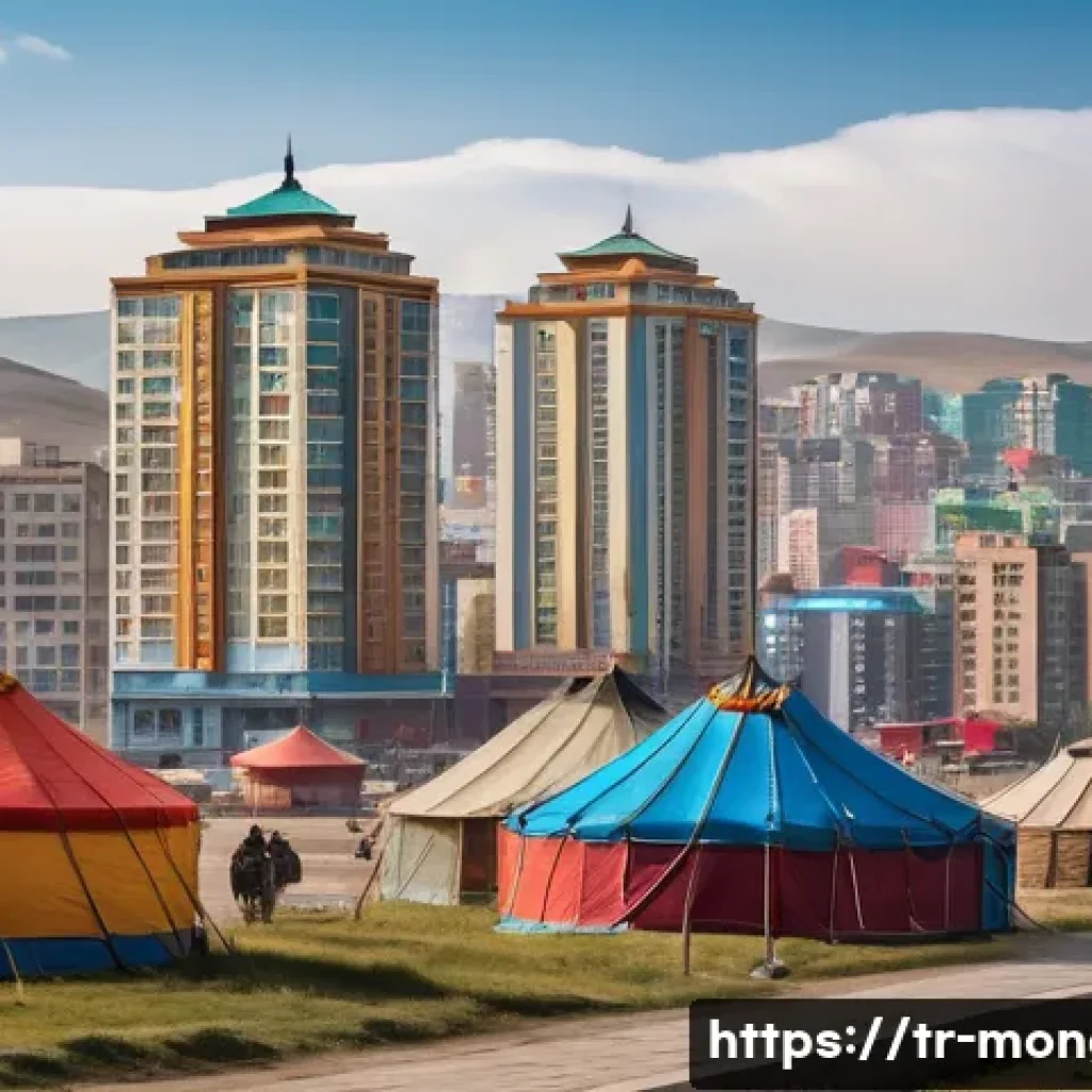 몽골 이민 절차 - A detailed urban scene of Ulaanbaatar city center featuring modern residential buildings with large ...