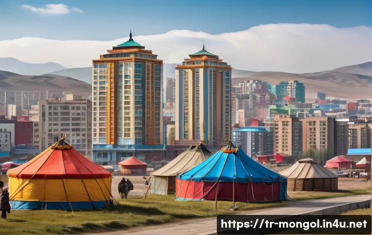 몽골 이민 절차 - A detailed urban scene of Ulaanbaatar city center featuring modern residential buildings with large ...