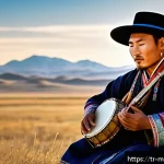 Home 20 몽골의 전통 악기 - A traditional Mongolian musician playing a Morchin, crafted from wood and horsehide, seated in the v...