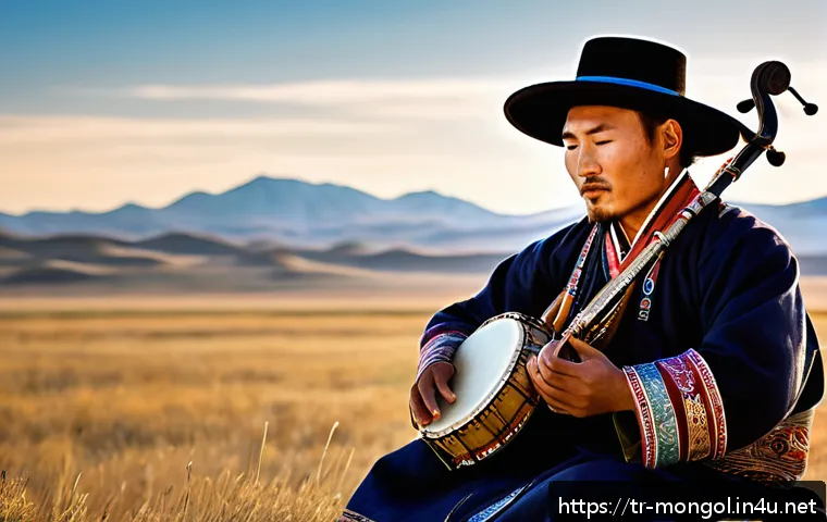 몽골의 전통 악기 - A traditional Mongolian musician playing a Morchin, crafted from wood and horsehide, seated in the v...