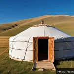 Home 19 몽골 전통 건축물의 복원 과정 - A traditional Mongolian yurt (ger) set in a vast steppe landscape under a clear blue sky, showcasing...