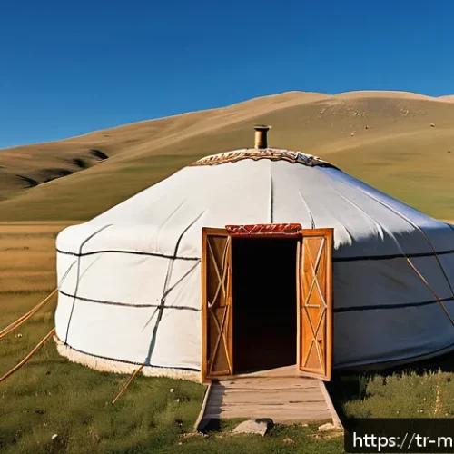 Home 31 몽골 전통 건축물의 복원 과정 - A traditional Mongolian yurt (ger) set in a vast steppe landscape under a clear blue sky, showcasing...