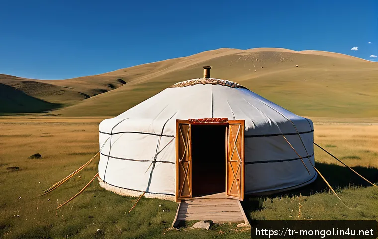 몽골 전통 건축물의 복원 과정 - A traditional Mongolian yurt (ger) set in a vast steppe landscape under a clear blue sky, showcasing...